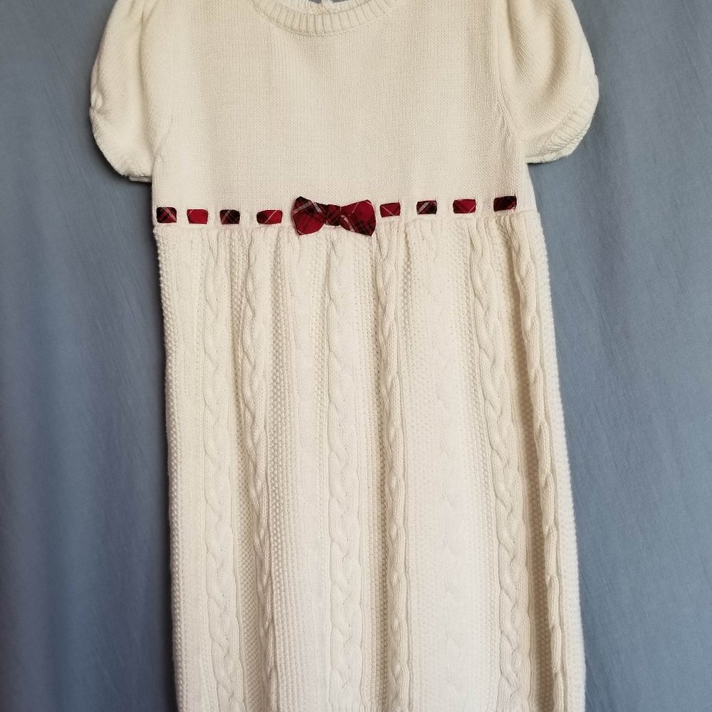 Perfect Holiday Sweater Dress with Red Plaid Ribbon